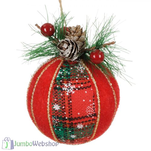 Piros gömb karácsonyfadísz tobozzal és vászonnal - 8 cm