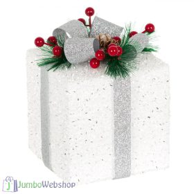 Ajándék dekoráció - fehér-ezüst, fagyöngyökkel 13 cm