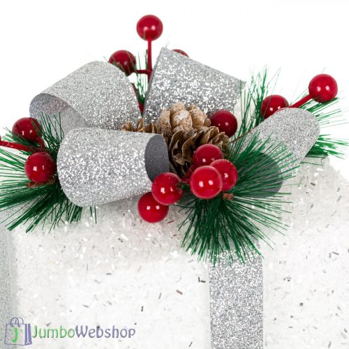 Ajándék dekoráció - fehér-ezüst, fagyöngyökkel 13 cm