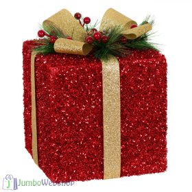   Ajándék dekoráció piros-arany színben fagyöngyökkel 13 cm