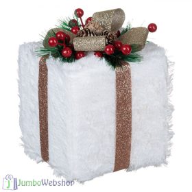   Ajándék dekoráció - fehér szörmével, fagyöngyökkel 13 cm