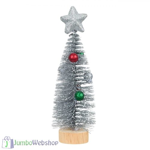 Mini ezüst karácsonyfa dekoráció csillogó díszekkel 18 cm