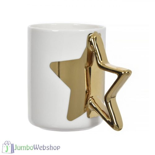 Karácsonyi bögre - fehér-arany csillag fogós - 415 ml