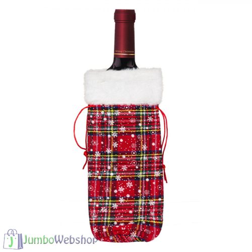 Karácsonyi borosüveg ruha - bundás, piros kockás zsák - 30cm