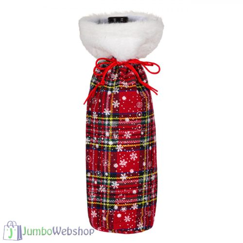 Karácsonyi borosüveg ruha - bundás, piros kockás zsák - 30cm