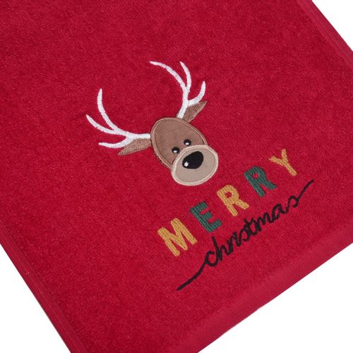 Piros színű törölköző rénszarvassal - 30x50 cm