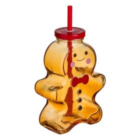   Barna Üveg Pohár Szívószállal – Mézeskalács Ember 420ml