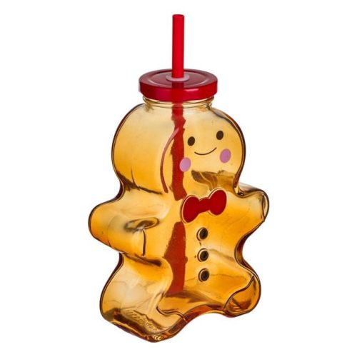 Barna Üveg Pohár Szívószállal – Mézeskalács Ember 420ml