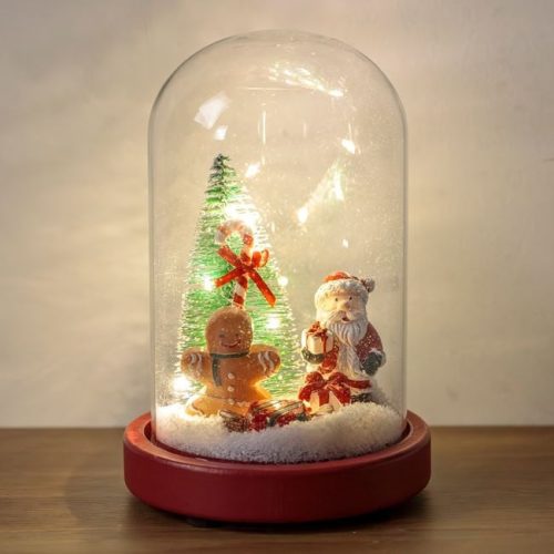 Karácsonyi Dekoratív Üvegbúra Mikulással, Mézeskalácsfigurával és LED-del Ø12x20cm