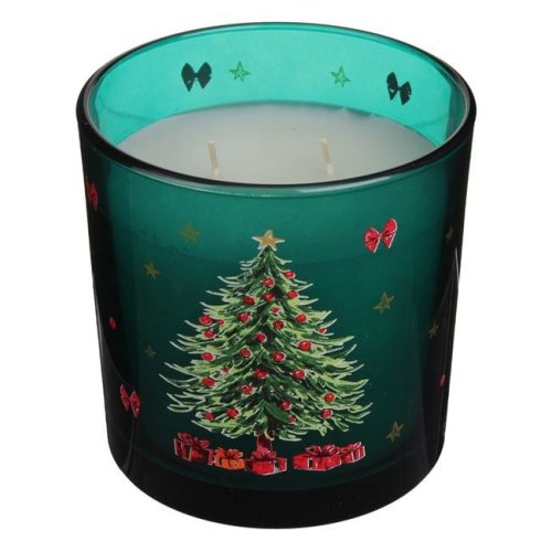 Fehér Illatgyertya Mézeskalács Illattal Smaragdzöld Üvegben, Fenyő Mintával Ø10x10cm