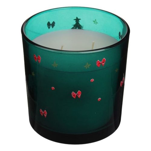 Fehér Illatgyertya Mézeskalács Illattal Smaragdzöld Üvegben, Fenyő Mintával Ø10x10cm