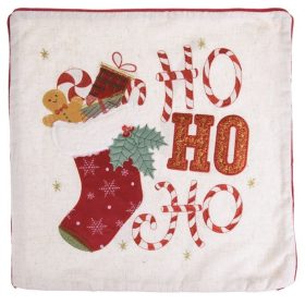   Karácsonyi Díszpárnahuzat Ekrü Színben „Ho Ho Ho” Mikuláscsizma Mintával 45×45cm