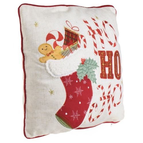 Karácsonyi Díszpárnahuzat Ekrü Színben „Ho Ho Ho” Mikuláscsizma Mintával 45×45cm