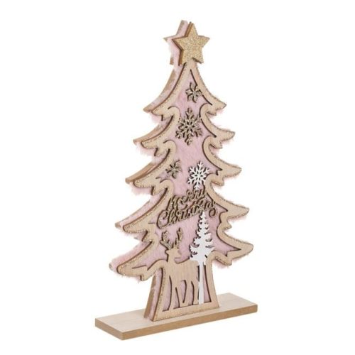 Karácsonyi Fa Dekoráció Világos Rózsaszín Műszőrme & Rénszarvas Figurával 16x30cm