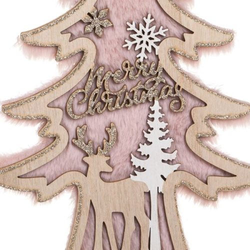 Karácsonyi Fa Dekoráció Világos Rózsaszín Műszőrme & Rénszarvas Figurával 16x30cm