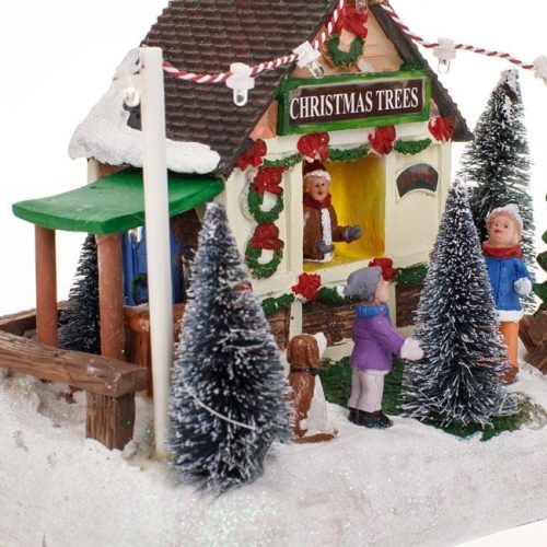 Karácsonyi Jelenet – Fenyőárus Bolt Gyerek Figurákkal, Fény & Zene 19x13x15cm
