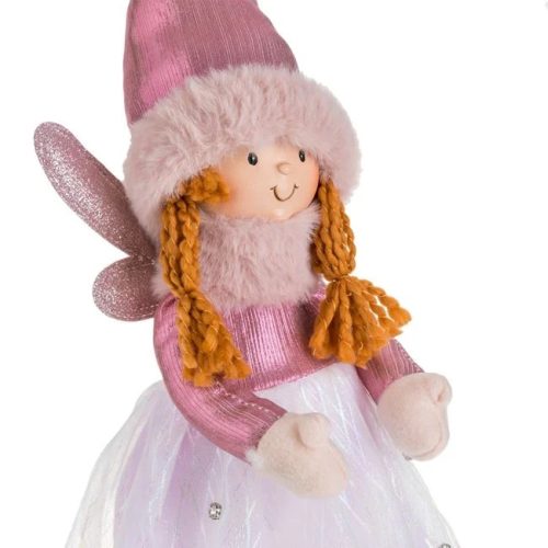 Karácsonyi Dísz Angyal Figura, Rózsaszín Tüll Ruhával, Sapkával és Szárnyakkal, 50 cm