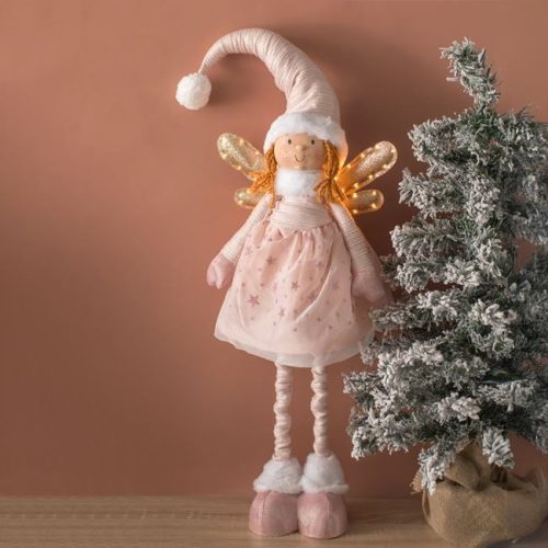 Karácsonyi Tündér, Rózsaszín Ruhában, Kihúzható Lábakkal és LED-fénnyel, 100 cm
