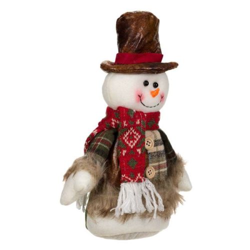 Karácsonyi Dekorációs Figura, Hóember Kockás Kabáttal és Barna Kalappal, 27 cm