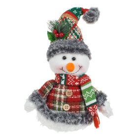   Karácsonyi Dekorációs Figura, Hóember Fehér Testtel, Kockás Kabáttal és Sapkával, 33 cm