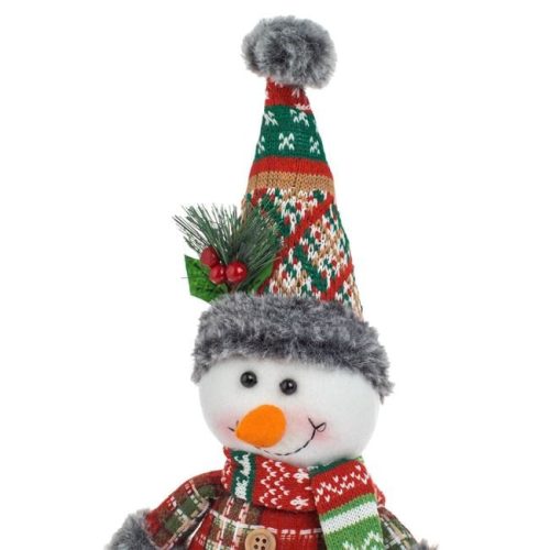 Karácsonyi Dekorációs Figura, Hóember Fehér Testtel, Kockás Kabáttal és Sapkával, 33 cm