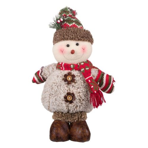 Karácsonyi Dekorációs Figura, Hóember Műszőrme, Fa Gombokkal, Sapkával és Sállal, 43 cm