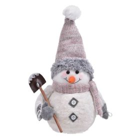   Karácsonyi Dekorációs Figura, Hóember Ecru Műszőrme, Rózsaszín Sapkával és Lapáttal, 36 cm