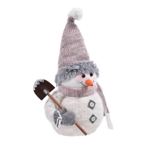Karácsonyi Dekorációs Figura, Hóember Ecru Műszőrme, Rózsaszín Sapkával és Lapáttal, 36 cm