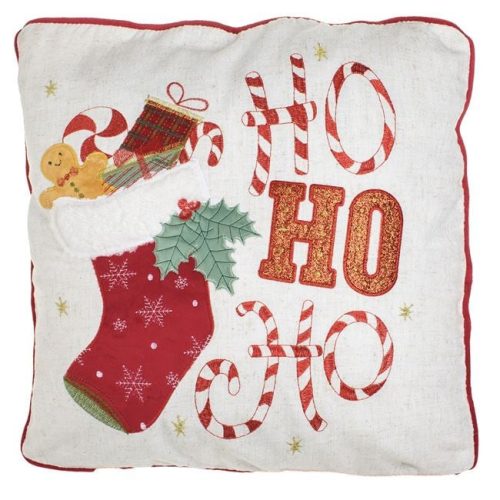 Ekrü Karácsonyi Díszpárnahuzat „Ho Ho Ho” Csizmás Mintával 45x45 cm