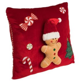   Piros Bársony Karácsonyi Díszpárna 3D Mézeskalács Figurával 35x35 cm