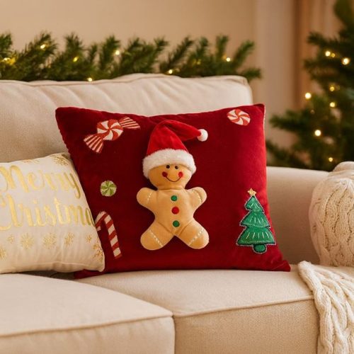 Piros Bársony Karácsonyi Díszpárna 3D Mézeskalács Figurával 35x35 cm