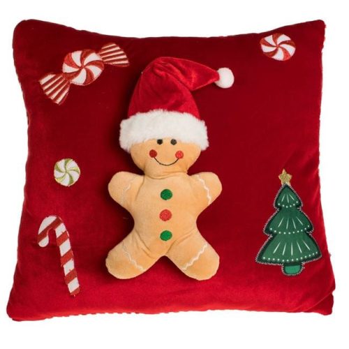 Piros Bársony Karácsonyi Díszpárna 3D Mézeskalács Figurával 35x35 cm