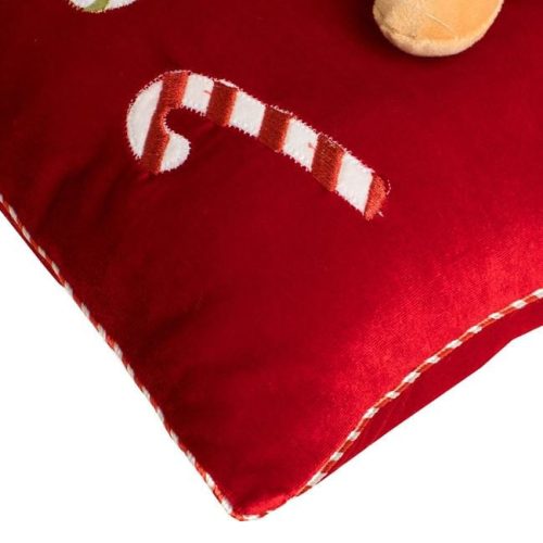 Piros Bársony Karácsonyi Díszpárna 3D Mézeskalács Figurával 35x35 cm