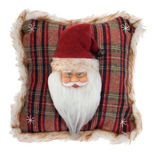 Kockás Karácsonyi Díszpárna 3D Mikulás Figurával 33x33 cm