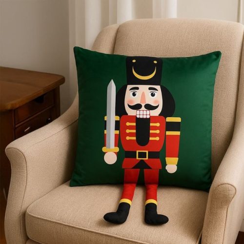 Karácsonyi Dekoratív Párna Zöld Bársonyos Diótörő Mintával, 3D Lábakkal 43x41cm