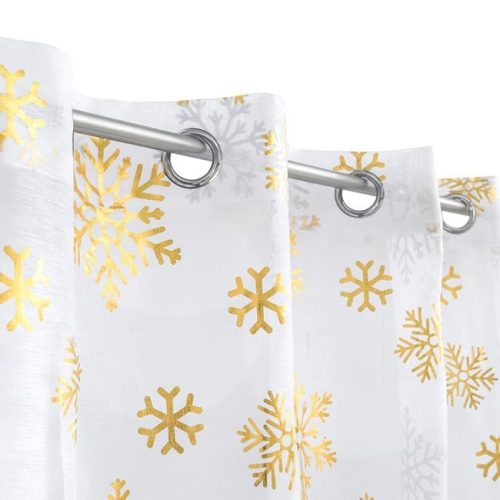 Karácsonyi Dekoratív Voál Függöny Ekrü Színben, Arany Fóliás Hópelyhekkel & Karikákkal 140x260cm