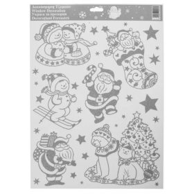   Karácsonyi Dekorációs Matrica Hóemberekkel és Mikulással, Ezüst Csillámos 30x42cm