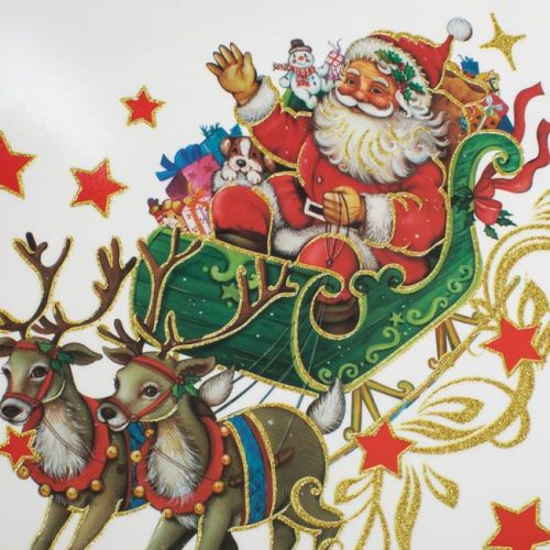 Karácsonyi dekor matricák Mikulás szánon & hópelyhek csillogással, 60×20 cm