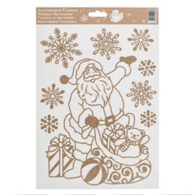   Karácsonyi Dekor Matrica Mikulás és Hópelyhek Csillámos Bézs/Champagne 20x30cm