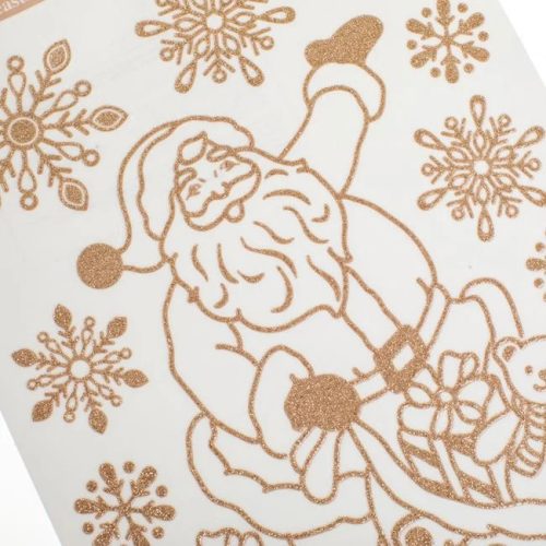 Karácsonyi Dekor Matrica Mikulás és Hópelyhek Csillámos Bézs/Champagne 20x30cm