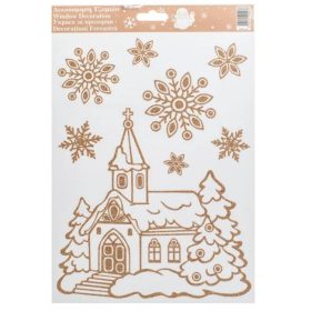   Karácsonyi Dekor Matrica Templom és Hópelyhek Csillámos Bézs/Champagne 20x30cm