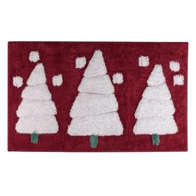   Karácsonyi Fürdőszobai Szőnyeg Bordó Fehér Fenyőkkel & Ezüst Lurex 75x45cm