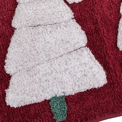 Karácsonyi Fürdőszobai Szőnyeg Bordó Fehér Fenyőkkel & Ezüst Lurex 75x45cm
