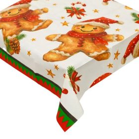   Karácsonyi PEVA Asztalterítő Fehér Mézeskalács Ember, Hóember és Csillag Mintával 180×140 cm