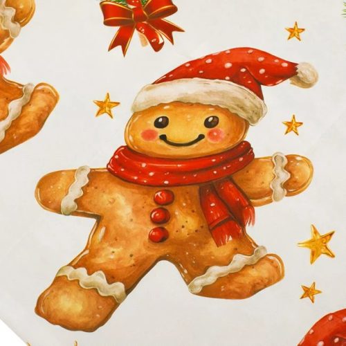 Karácsonyi PEVA Asztalterítő Fehér Mézeskalács Ember, Hóember és Csillag Mintával 180×140 cm