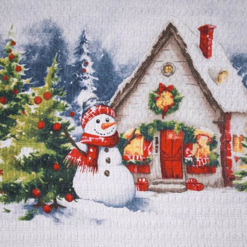 Karácsonyi Fehér Pamut Konyhai Kendő Hóember Mintával – 60×35 cm