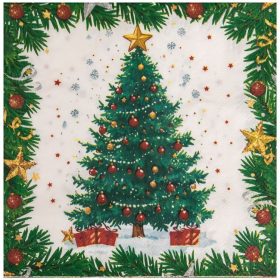   Karácsonyi Szalvéta 2 Rétegű, Díszített Karácsonyfa Mintával 33x33cm – 20 db