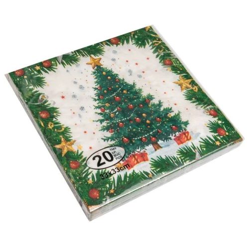 Karácsonyi Szalvéta 2 Rétegű, Díszített Karácsonyfa Mintával 33x33cm – 20 db