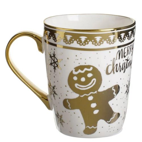 Karácsonyi porcelánbögre, fehér, arany fóliás Gingerbread mintával 350ml