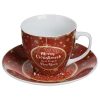Karácsonyi Porcelán Csésze Szett Bordó Arany Hópehely Mintával „Merry Christmas” & Csészealj 220ml
